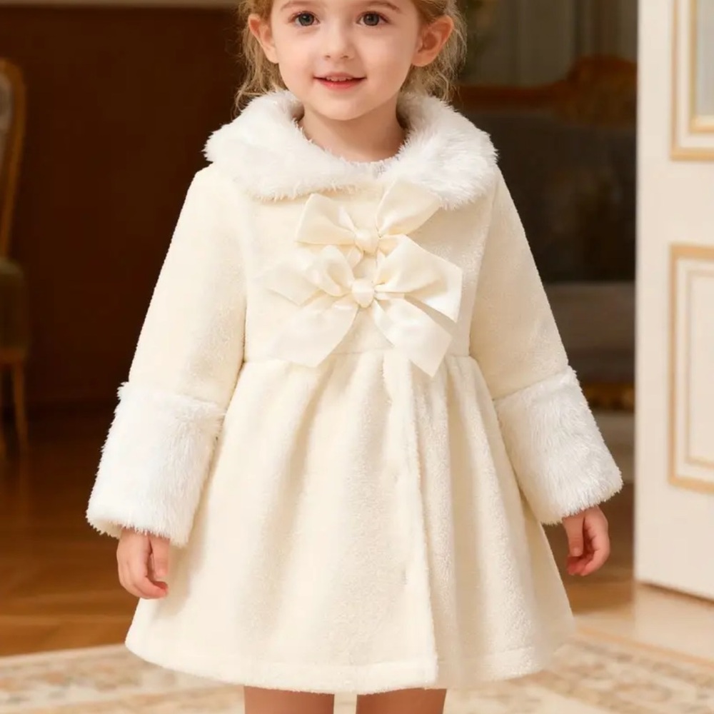 Cream Baby Pea Coat with Faux Fur Collar & Bows Apricot 6-9 Months